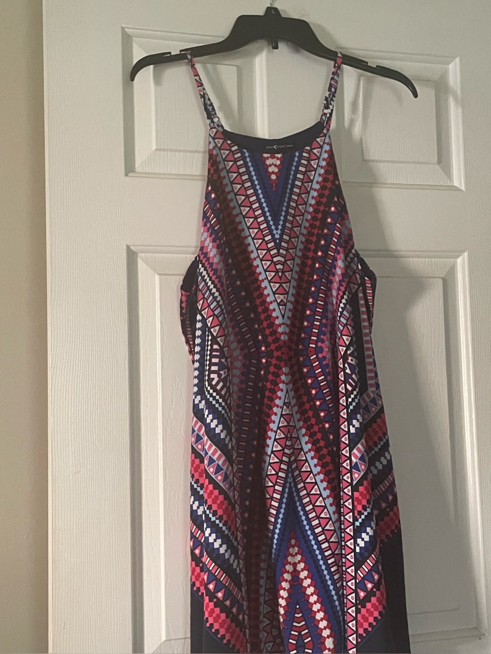 Mimi Chica Geo-Print Halter Midi Dress in Navy, Pink & Red